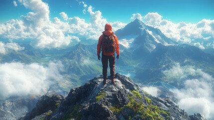 Person looking out at the horizon from a mountain peak, ready for new challenges, 3D illustration