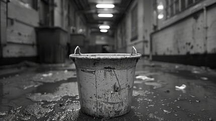 Fototapeta premium A monochromatic image depicting an old, worn metal bucket in the middle of a dimly lit, grungy hallway with visible water puddles on the floor