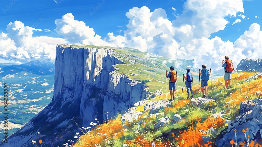 Canvas Prints Hikers Admire a Majestic Mountain View.