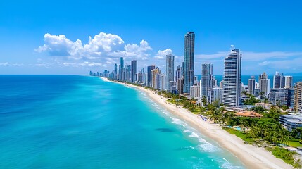 Naklejka premium A coastal city�s skyline stretches towards the ocean, blending urban life with the vastness of the sea.