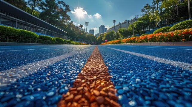 An inviting, vivid blue running track with carefully marked lanes stretching into the distance surrounded by lush greenery and bright flowers on a sunny day