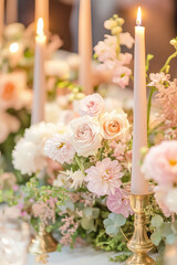 Beautifully set table with bouquets of various flowers in vases, candles, luxury tableware and golden cutlery