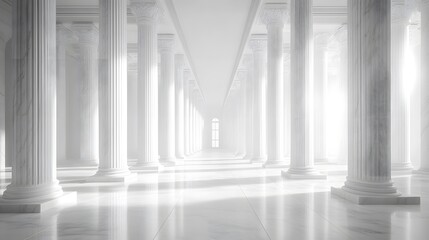 Obraz premium Bright white marble columns, symmetrical architecture, classical Greek or Roman style, gleaming polished surfaces, sunlit pillars, perfect reflections on glossy floor, minimalist elegant design