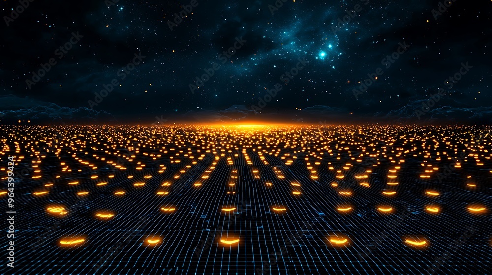 Poster a luminous digital grid stretches under a starry sky, each light a node in a vast network.