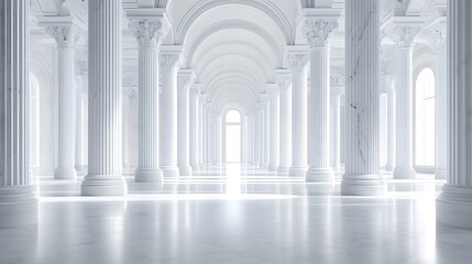 Bright white marble columns, symmetrical architecture, classical Greek or Roman style, gleaming polished surfaces, sunlit pillars, perfect reflections on glossy floor, minimalist elegant design