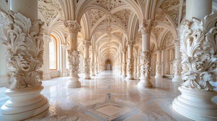 Obraz premium A breathtaking view of an intricately designed corridor with ornate columns and arched ceilings, showcasing masterful architectural details bathed in natural light
