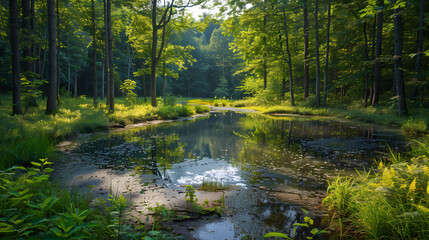 Obraz premium A summer landscape with a small lake in a forest
