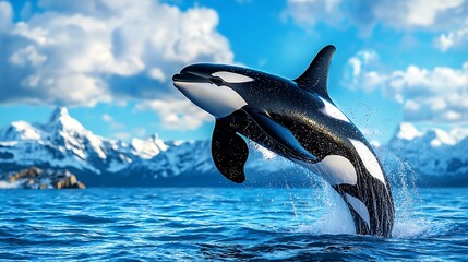 Fototapeta premium A powerful orca breaches against a backdrop of towering snowy peaks.