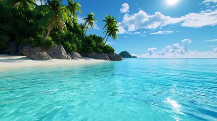 Fototapeta premium A tropical beach glows with turquoise waters and swaying palms, a perfect island escape.