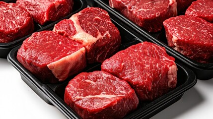 Marbled beef on display, black plastic trays, top view, clear windows, branding area visible