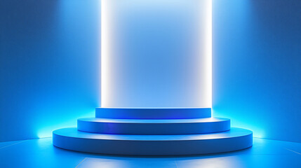 Neon Blue Futuristic Podium with Glowing Lights and Minimalistic Interior