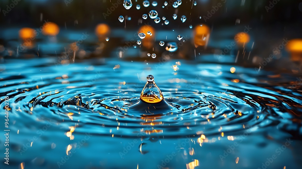 Aufkleber a water drop splashes, creating ripples and shimmering golden bokeh.