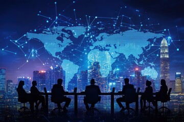 Silhouetted business professionals in global meeting with digital world map background in modern cityscape