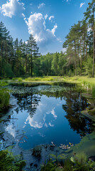 A summer landscape with a small lake in a forest