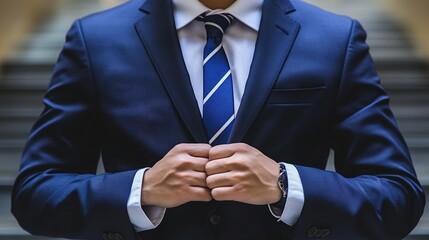 A confident professional dressed in a navy blue suit, stylishly straightening his striped tie, ready to conquer the business world with poise and determination