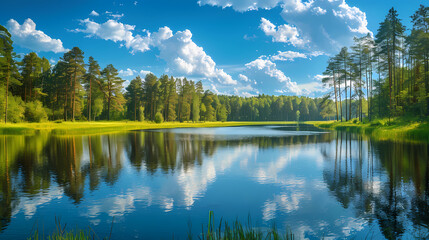 A summer landscape with a small lake in a forest
