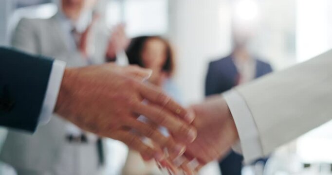 Business people, handshake and agreement for negotiation, deal or legal settlement in law firm as lawyer. Zoom, office and support in partnership, crisis resolution or court case by mediation process