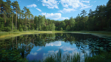 Obraz premium A summer landscape with a small lake in a forest