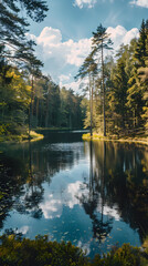 Fototapeta premium A summer landscape with a small lake in a forest