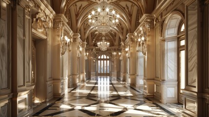 Obraz premium Majestic opulence a grand hallway showcasing intricate architectural details of timeless elegance