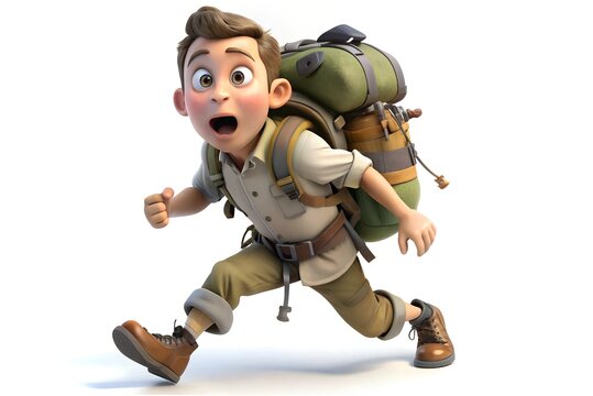 3D cartoon boy hiking with backpack in detailed cartoon style on white background