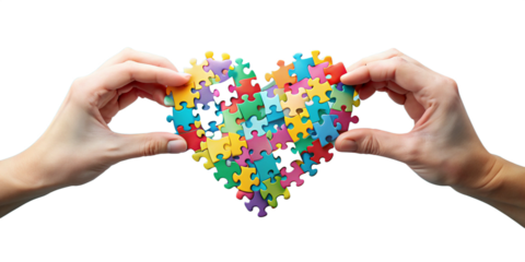 hands holding puzzle pieces on white background