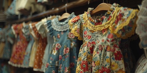 An extensive assortment of colorful, vintage-style children's dresses is meticulously arranged on hangers in a well-organized boutique shop