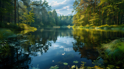 Obraz premium A summer landscape with a small lake in a forest