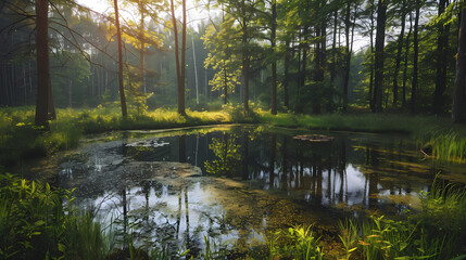 A summer landscape with a small lake in a forest