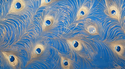 Abstract background with blue and gold peacock feathers.