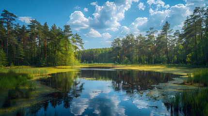 A summer landscape with a small lake in a forest