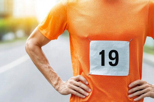 Close-up of a marathon bib number pinned to a runner s chest, with the runner s hands on their hips, breathing heavily, embodying effort and endurance