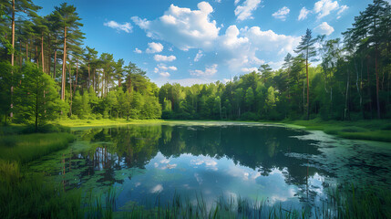 Obraz premium A summer landscape with a small lake in a forest