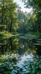 A summer landscape with a small lake in a forest