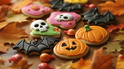 Obraz premium Colorful Halloween cookies shaped like bats, pumpkins, skulls, and leaves, decorated in orange, black, and white icing, placed on an autumn leaf background