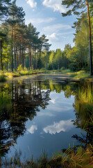 A summer landscape with a small lake in a forest