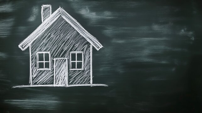 A scheme of a one-storey house drawn with white chalk on a blackboard