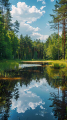 A summer landscape with a small lake in a forest