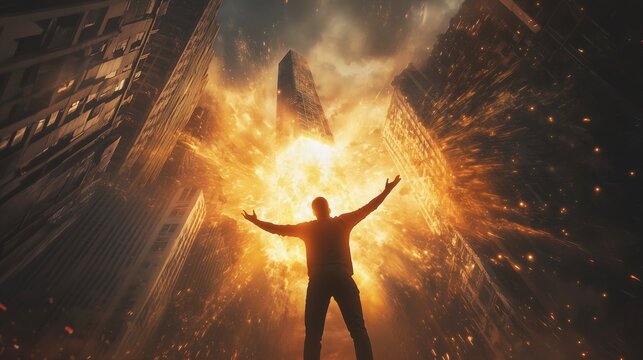 silhouette of a person looking at an explosion