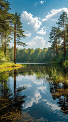 Obraz premium A summer landscape with a small lake in a forest