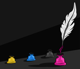 White feather quill pen dipping into magenta inkwell with cyan, yellow, and black ink nearby