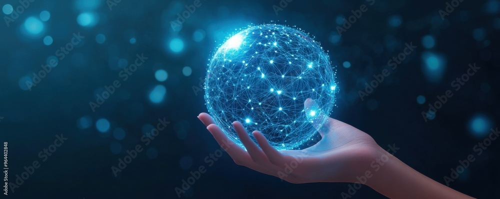 Poster hand holding a glowing digital globe representing global connection and network technology