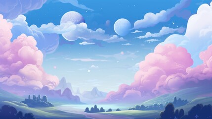 Fototapeta premium Serene Cartoon Cloudscape - Soft Pastel Clouds and Blue Sky Illustration
