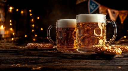 Fototapeta premium Two mugs of beer and pretzels on a rustic wooden table, with warm lights in the background creating a cozy Oktoberfest atmosphere