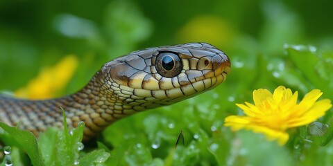 Obraz premium A close-up of a snake's head slithering through green grass and yellow flowers, showing its scales and alert eyes