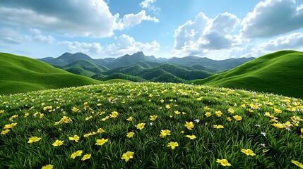 Fototapeta premium Yellow flowers brighten a sunny meadow, framed by the majestic backdrop of distant mountains.