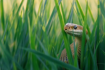 Obraz premium A close-up of a snake emerging from tall green grass, showcasing its detailed scales and curious eyes
