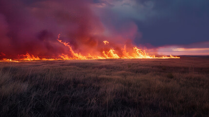 Fierce Prairie Blaze, a visceral exploration of a grassland fire's impact on the ecosystem, capturing the vibrant transformation of the landscape amidst the flames