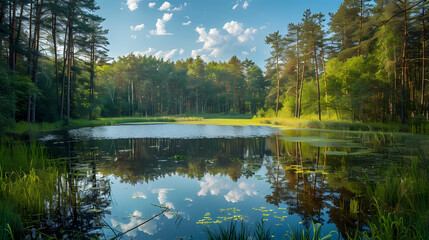 Fototapeta premium A summer landscape with a small lake in a forest