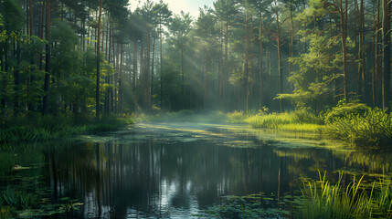 A summer landscape with a small lake in a forest